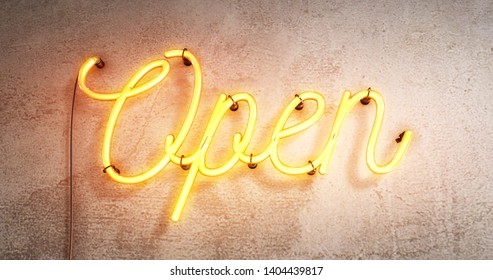 Bright neon red/yellow sign saying the word Open, 