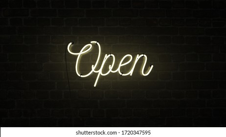 Bright neon yellow sign saying the word Open on a dark brick wall background, indicating a store, shop, pub or restaurant is now open for business sign.