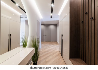 bright new interior of the house with a mirror and a dark wooden wall
