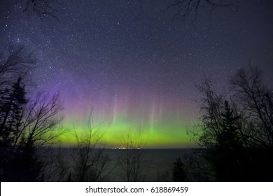 Bright Northern Lights Across Lake Superior In Spring