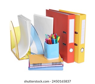 Bright office folders and different stationery isolated on white - Powered by Shutterstock