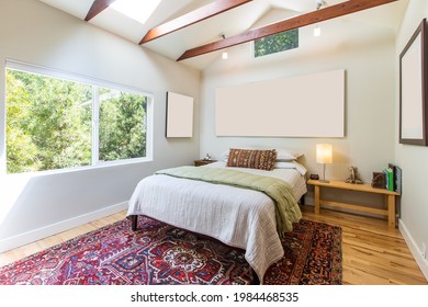 Bright Open Bedroom With Open Beams And Large Window In A Secluded Wine Country Home