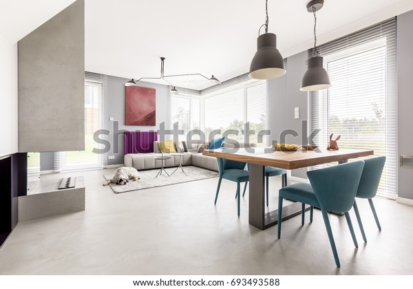 Bright open\
plan apartment interior in modern design with wooden communal\
table, beige couch and blue designer\
chairs