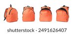 Bright orange backpack isolated on white, view from different sides