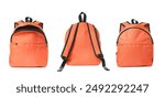 Bright orange backpack isolated on white, view from different sides