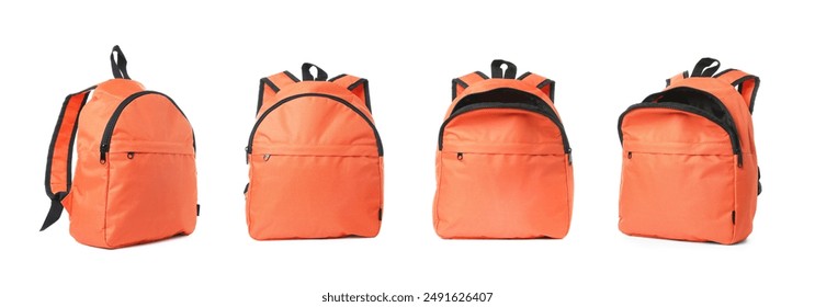 Bright orange backpack isolated on white, view from different sides