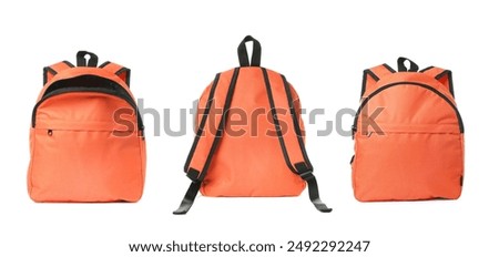 Bright orange backpack isolated on white, view from different sides