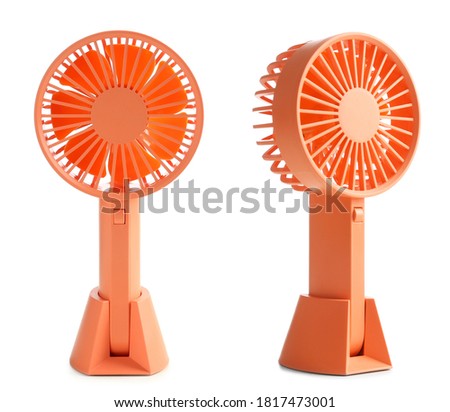 Bright orange fan on white background, collage with views from different sides