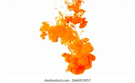 Bright orange ink diffuses dynamically in water against a stark white backdrop. The vibrant color creates abstract shapes and textures as it flows and swirls.