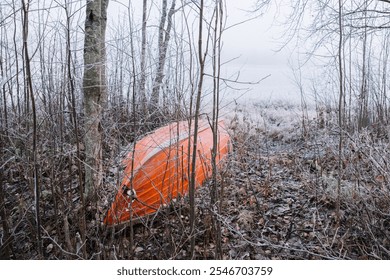 A bright orange kayak is nestled among frost-covered foliage and bare trees, surrounded by a quiet winter landscape near a serene, misty lake. - Powered by Shutterstock