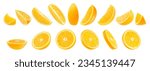 Bright oranges set. Cut on halves, round slices, quarter pieces fruits closeup, different sides isolated on white background. Summer fresh citrus fruits - design element for advertising, card, poster.