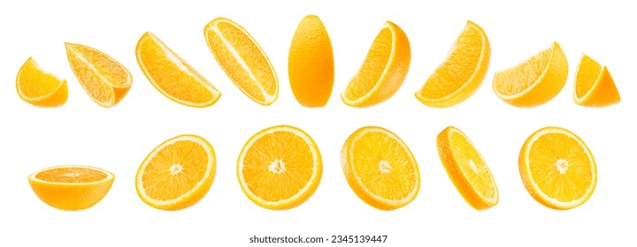 Bright oranges set. Cut on halves, round slices, quarter pieces fruits closeup, different sides isolated on white background. Summer fresh citrus fruits - design element for advertising, card, poster. - Powered by Shutterstock