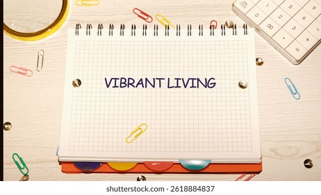 A bright and organized workspace features a notepad with vibrant living written prominently.
