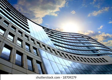 Bright Outlook For Business. Modern Office Block With Sunny Beautiful Sky.