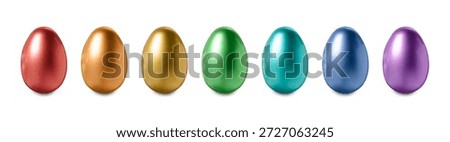 Bright painted Easter eggs arranged in rainbow colors isolated on white