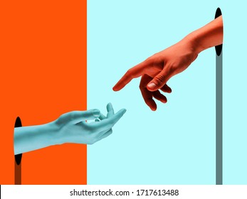 Bright painted hands touching by fingers. Contemporary art collage. Modern design work in vibrant trendy colors. Tender human hands. Stylish and fashionable composition, youth culture. Copyspace.