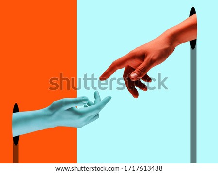 Bright painted hands touching by fingers. Contemporary art collage. Modern design work in vibrant trendy colors. Tender human hands. Stylish and fashionable composition, youth culture. Copyspace.