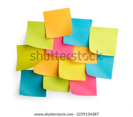 Bright paper office stickers isolated on white background. Soft shadows, curled paper corners.