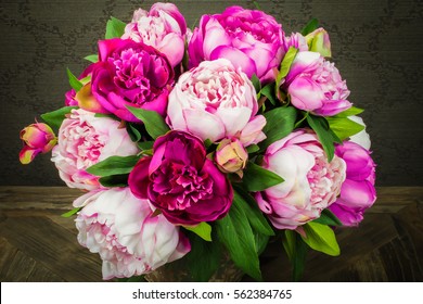 Bright Peony Bouquet In Vase.