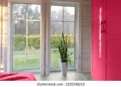 Bright photo studio interior with big window. Viva magenta - trendy color of year 2023 in interior. - Shutterstock ID 2235338213