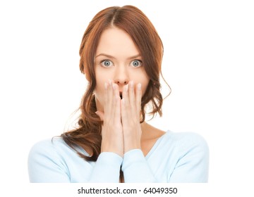 Bright Picture Of Pretty Woman With Hands Over Mouth