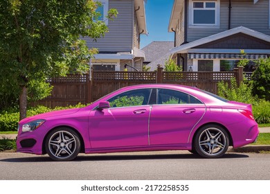 Bright Pink Car On A Street Background. Elegance Car Outdoor. Luxury Mercedes Benz CLA Class Car With Futuristic Design In Pink Color-June 24,2022-Vancouver BC Canada-Street View, Editorial, Nobody