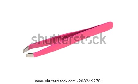 Bright pink cosmetic eyebrow tweezers isolated on white background