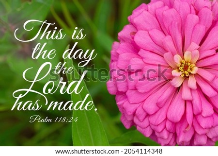 Bright pink zinnia flower with Bible Verse, This is the day the Lord has made, Psalm 118, 24