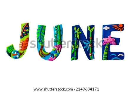 Bright plasticine June cute handmade lettering parrot art isolated on white background decorated with topical palms, exotic flowers