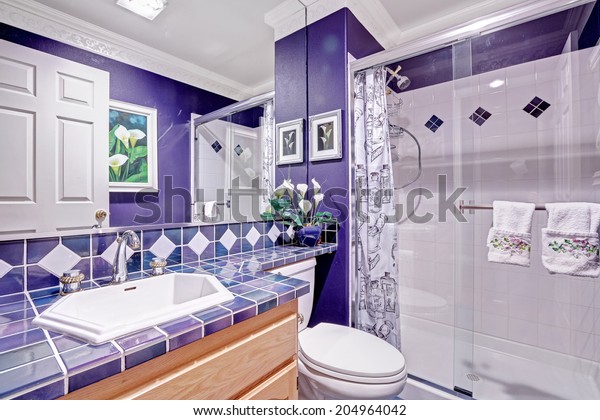 Bright Purple Bathroom Tile Wall Trim Stock Photo Edit Now 204964042