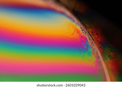 Bright rainbow reflection of liquid in macro, white colors, surrealistic background, fantastic smooth movement, water surface, spectrum texture