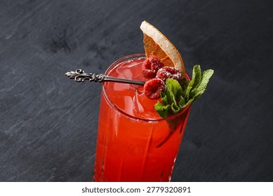 Bright Raspberry Cooler With Mint And Grapefruit Twist, Tall Red Spritz With Fresh Berries And Herb Garnish, Fizzy Refreshing Sip, Summer Brunch