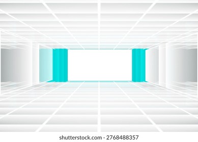 Bright rectangular opening flanked by cyan panels is glowing in 3D minimal corridor with grid lines. Futuristic, minimalism, symmetry, interiordesign, modern, technology, architecture