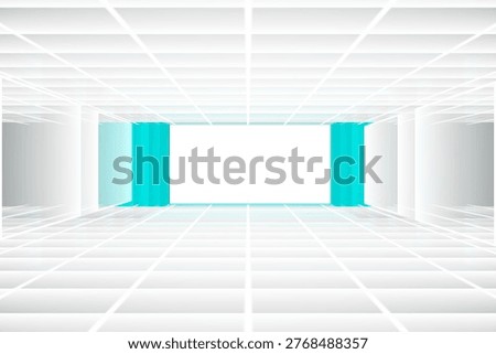 Bright rectangular opening flanked by cyan panels is glowing in 3D minimal corridor with grid lines. Futuristic, minimalism, symmetry, interiordesign, modern, technology, architecture