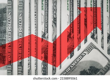 A Bright Red Arrow On The Background Of Money Shows The Direction Up. The Concept Of Changing The Exchange Rate Of The US Dollar In The Market. Economic Growth And Currency Strengthening.