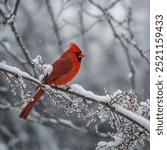 A bright red cardinal perched on a snow-covered branch, its vivid plumage a striking contrast against the white winter landscape.