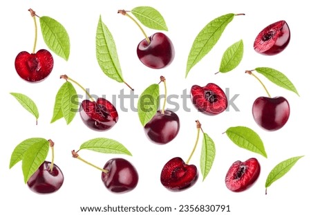 Bright red cherry pattern isolated on white background. Whole and piece of fruits with green leaves fly, closeup, different sides. Summer ripe fruits as design element for advertising, card, poster.