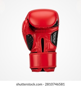 Bright red fire hydrant with silver chain and caps on white background