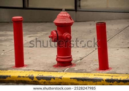A bright red fire hydrant standing beside two matching posts on a city sidewalk, showcasing vibrant colors against the urban backdrop during daylight