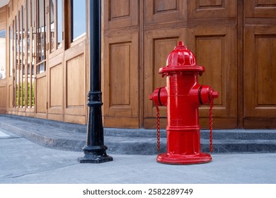 A bright red fire hydrant stands next to wooden building, showcasing urban safety