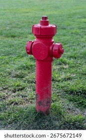 A bright red fire hydrant stands prominently in a lush green grassy field, a symbol of safety and preparedness set against a natural backdrop.