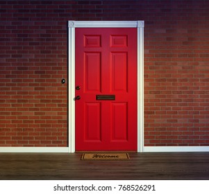 Bright Red Front Door And Welcome Mat With Wood Porch Floor.