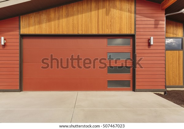 Bright Red Garage Doors Decorative Windows Stock Photo Edit Now