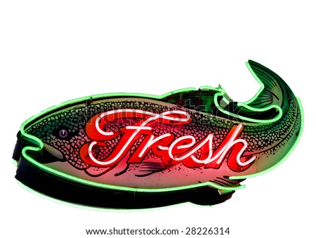 A bright red and green fresh fish sign at a local market