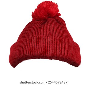 Bright red knitted winter beanie with a fluffy pom-pom on top isolated on white background. Cozy and stylish, perfect for cold weather fashion and outdoor activities. - Powered by Shutterstock