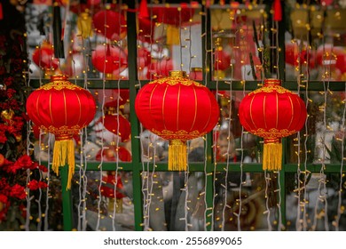 Bright red lanterns illuminate festive window display during a cultural celebration - Powered by Shutterstock