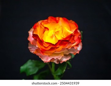 Bright red, orange and yellow rose, close-up, beautiful flower, interesting background - Powered by Shutterstock