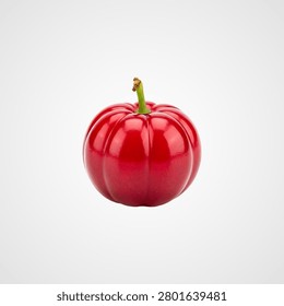 Bright red, ribbed cherry fruit with stem on white background, keywords: cherry, fruit, red