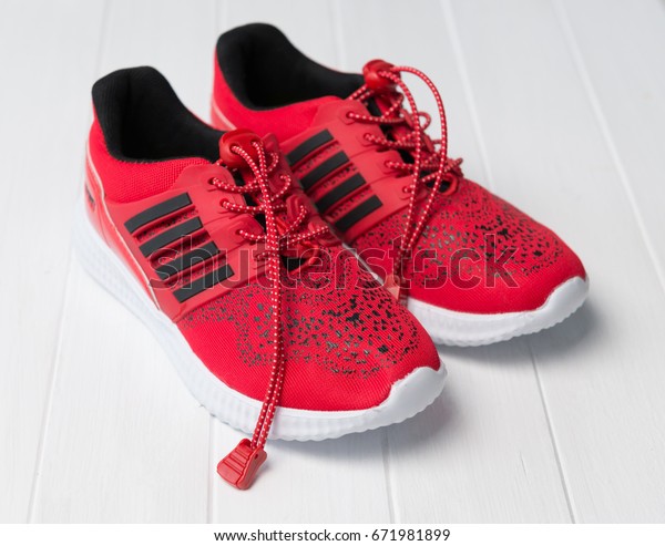 bright red running shoes
