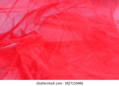 Bright Red, See Thru Tulle Fabric, Bunched Up